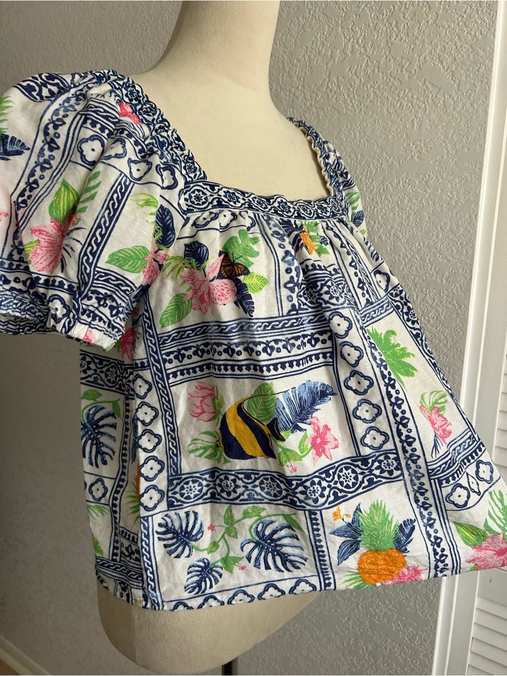 Tori Richard Linen Blend Island Collective Hayden Tropical Print Blouse Top - Picture 4 of 7